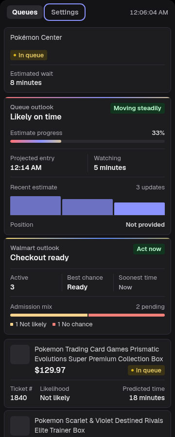 Dark QueueNary dashboard with active queue outlooks