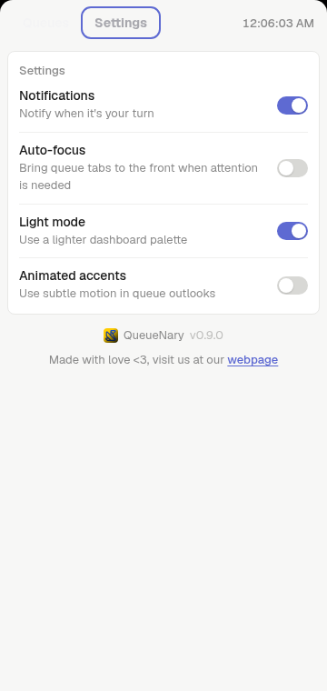 Light QueueNary settings with notification, focus, theme, and motion controls